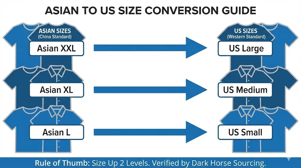 Infografik mit dem Titel „Asian to US Size Conversion Guide“ von Dark Horse Sourcing, die Unterschiede in der Konfektionsgröße zwischen chinesischen und westlichen Standards zeigt und verdeutlicht, dass Asian XXL ein US-Large, XL ein Medium und L ein Small ist.